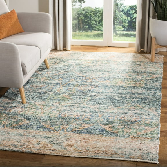 SAFAVIEH Saffron Candelario Floral Cotton Area Rug, Turquoise/Peach, 6' x 9'