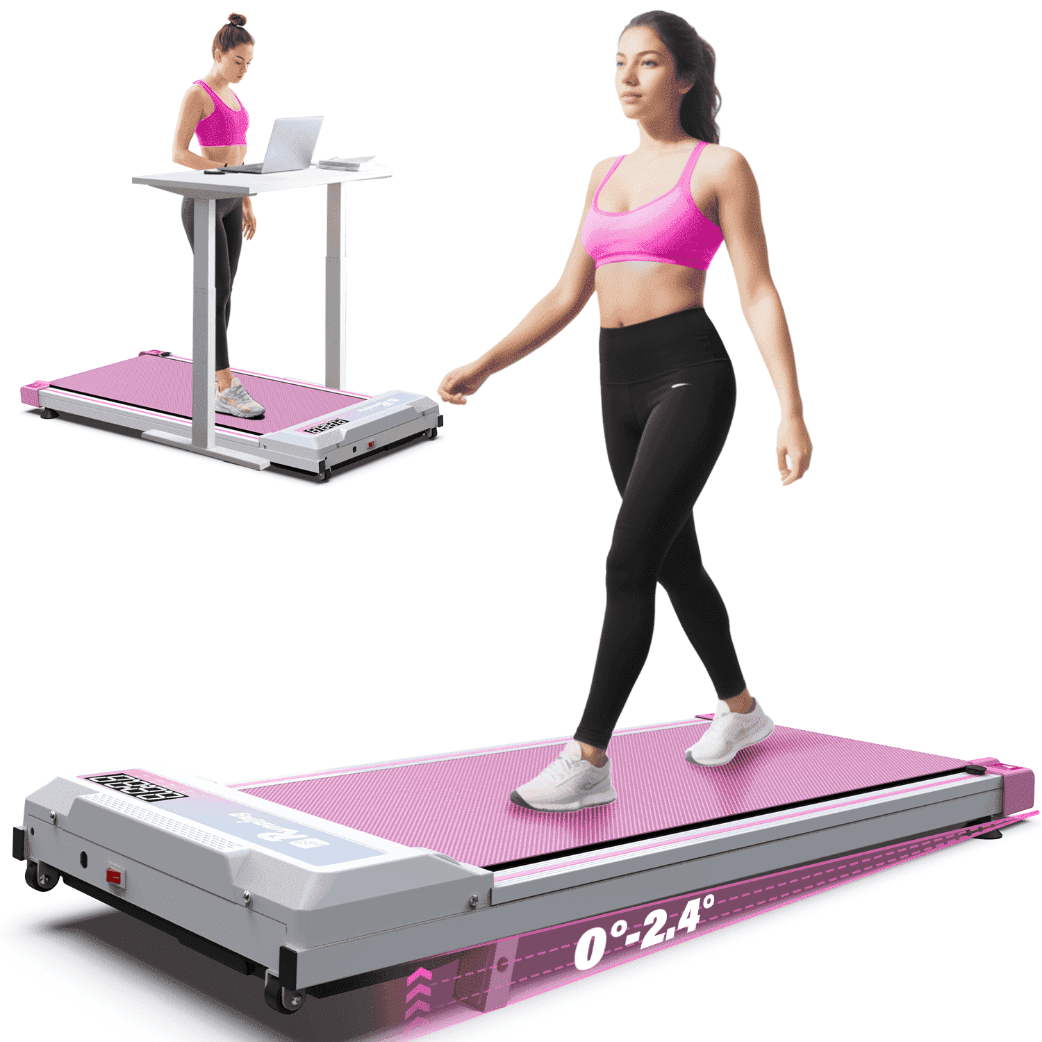 FYC Walking Pad Treadmill with Incline - 4 in 1 Under Desk Treadmill Portable Compact Slim Walk Pad Treadmill for Home Office, Pink