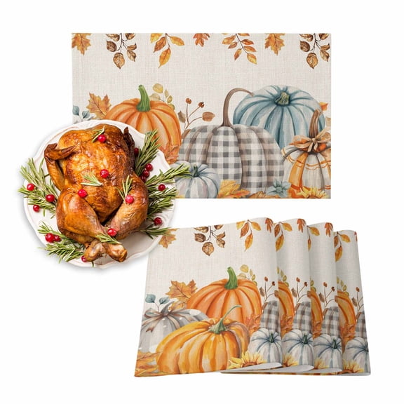 Fall Placemats Set of 4 Orange Plaid Pumpkin Place Mats Thanksgiving Placemat Bird Sunflower Maple Leaves Linen Table Mats for Dining Kitchen Table Holiday Dinner Party Home Fall Decorations 13x19