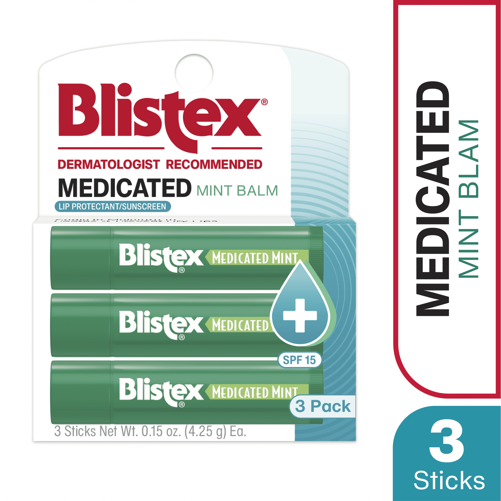 Blistex Medicated Mint Balm Lip Protectant/Sunscreen, SPF 15 Value Pack, 3 count, .15 oz