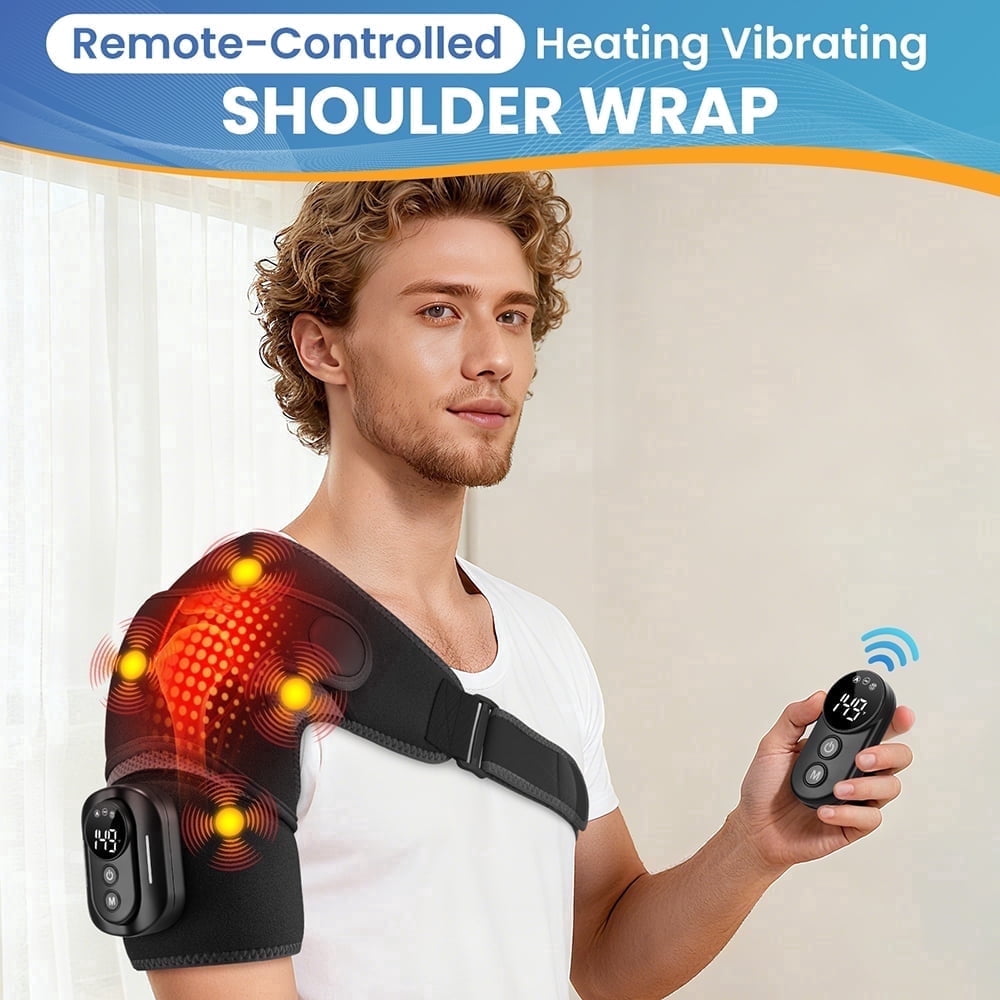 FlareMore Cordless Shoulder Heating Pad with Vibration Massage,Portable Shoulder Heating Pad with 5 Heat Levels & 4 Motors,Rechargeable Shoulder Heater,Wrap Around Shoulder Heater for Shoulder Relax