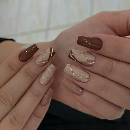 24 Pcs Grids On Nails Glossy False Nails Ballerinas Press On Nails Glittering Artificial Acrylic Nails