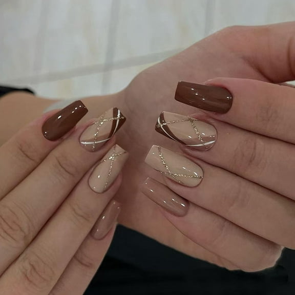 24 Pcs Grids On Nails Glossy False Nails Ballerinas Press On Nails Glittering Artificial Acrylic Nails