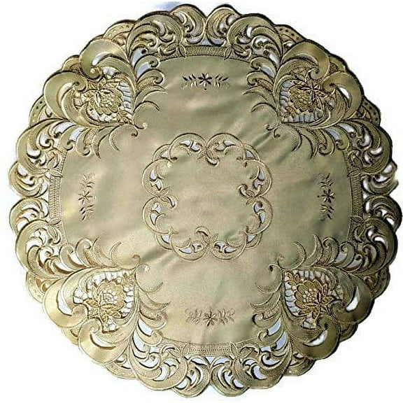 Doily Boutique Round Doily Embroidered with Ivory Lace Insets, Size 23 inches