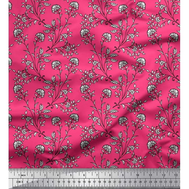 Soimoi Crepe Silk Fabric Leaves & Floral Block Print Sewing Fabric Yard 42 Inch Wide