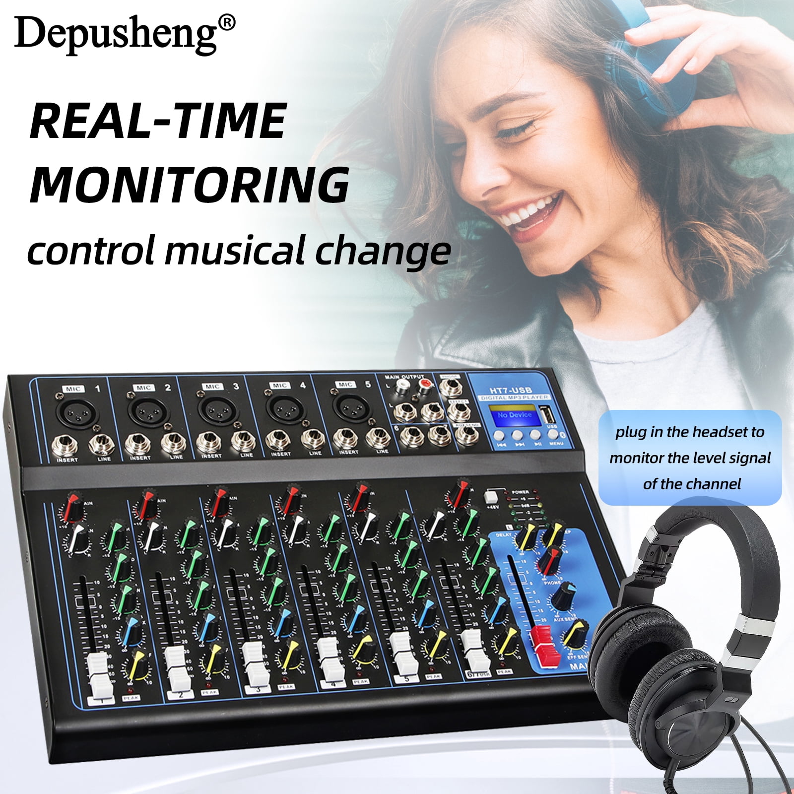 Depusheng HT7 Professional Audio Mixer Mixing Console 48V ower for Computer Recording, 7-Channel Bands Mixing Boards For Studio Recording