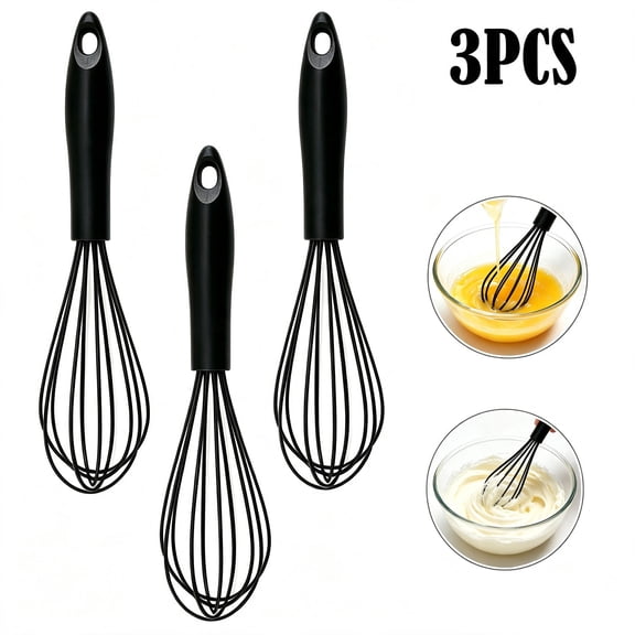 OFEFE 3-Piece Premium Silicone Wire Whisk Set - 6 Inch Heat Resistant Non-Scraping Cooking Whisks, BPA-Free Dishwasher Safe Kitchen Utensils for Baking, Mixing & Whipping (Black)
