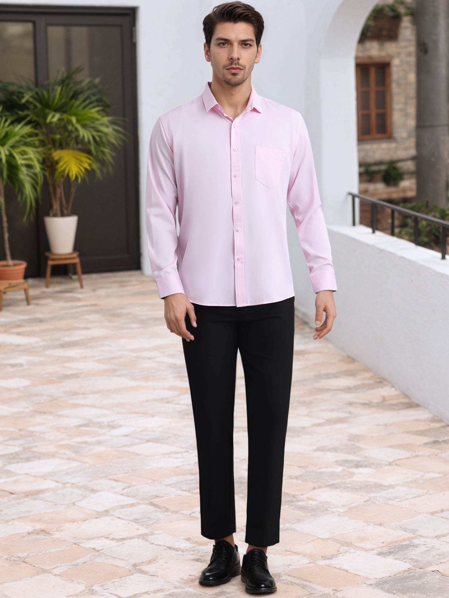 Unique Bargains Men's Long Sleeve Regular Fit Business Button Down Formal Shirt M Pink