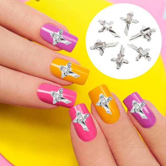Luxshiny 10Pcs Cross Nail Jewelry in Silver Metal with Rhinestone for Glamorous Nail Design Decor