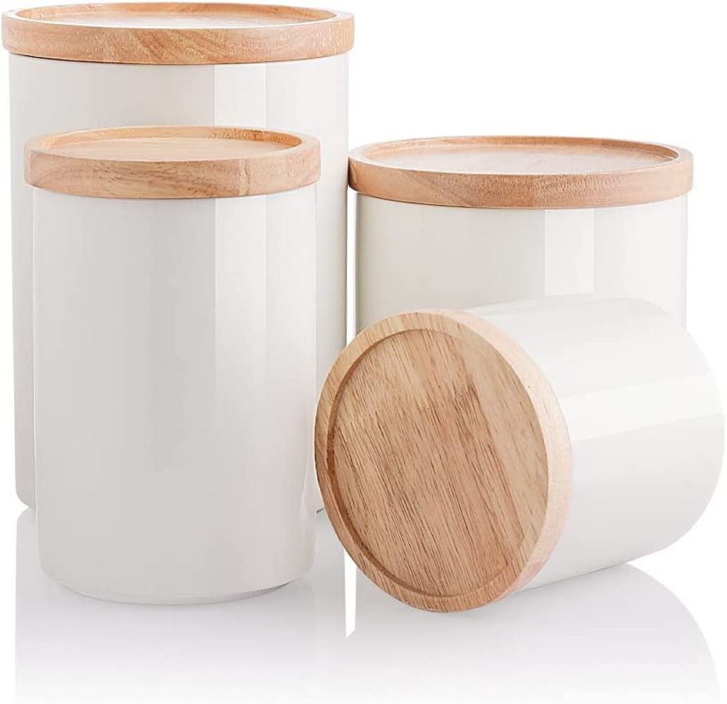 4-Piece Ceramic Kitchen Canisters Set with Airtight Seal Wooden Lid For ...