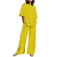 thumbnail image 2 of pstuiky Pajamas for Women Set, Women Print Short Sleeve Round Neck Blouses Shirts Sets and Long Pants Tailored Fit Stylish Oversized Lounge Loungewear Sets for Women Yellow L, 2 of 5