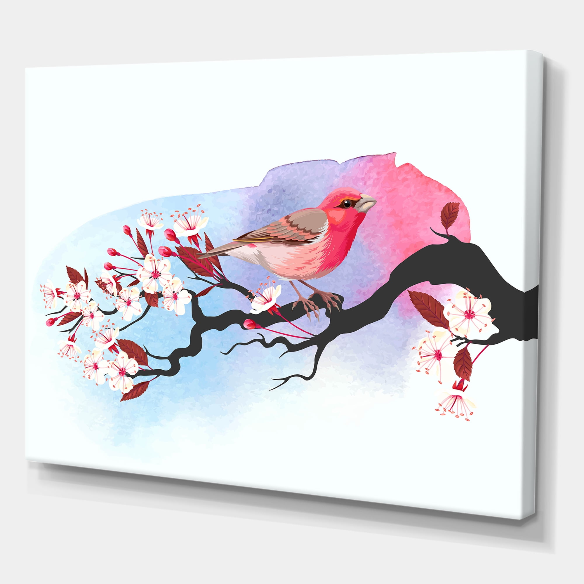 Designart ' Pink Bird Sitting On Cherry Branch ' Traditional Canvas Wall Art Print