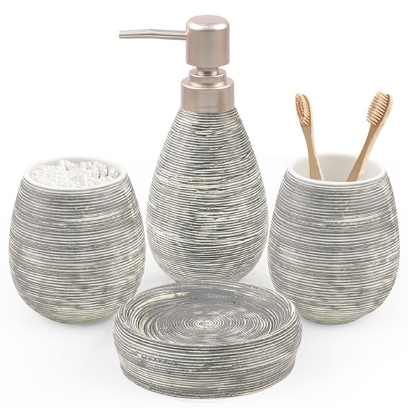 CERBIOR 4 Piece Textured Ceramic Grey Bathroom Accessory Set Includes Soap Dish, Dispenser, Toothbrush Holder and Tumbler (Grey)