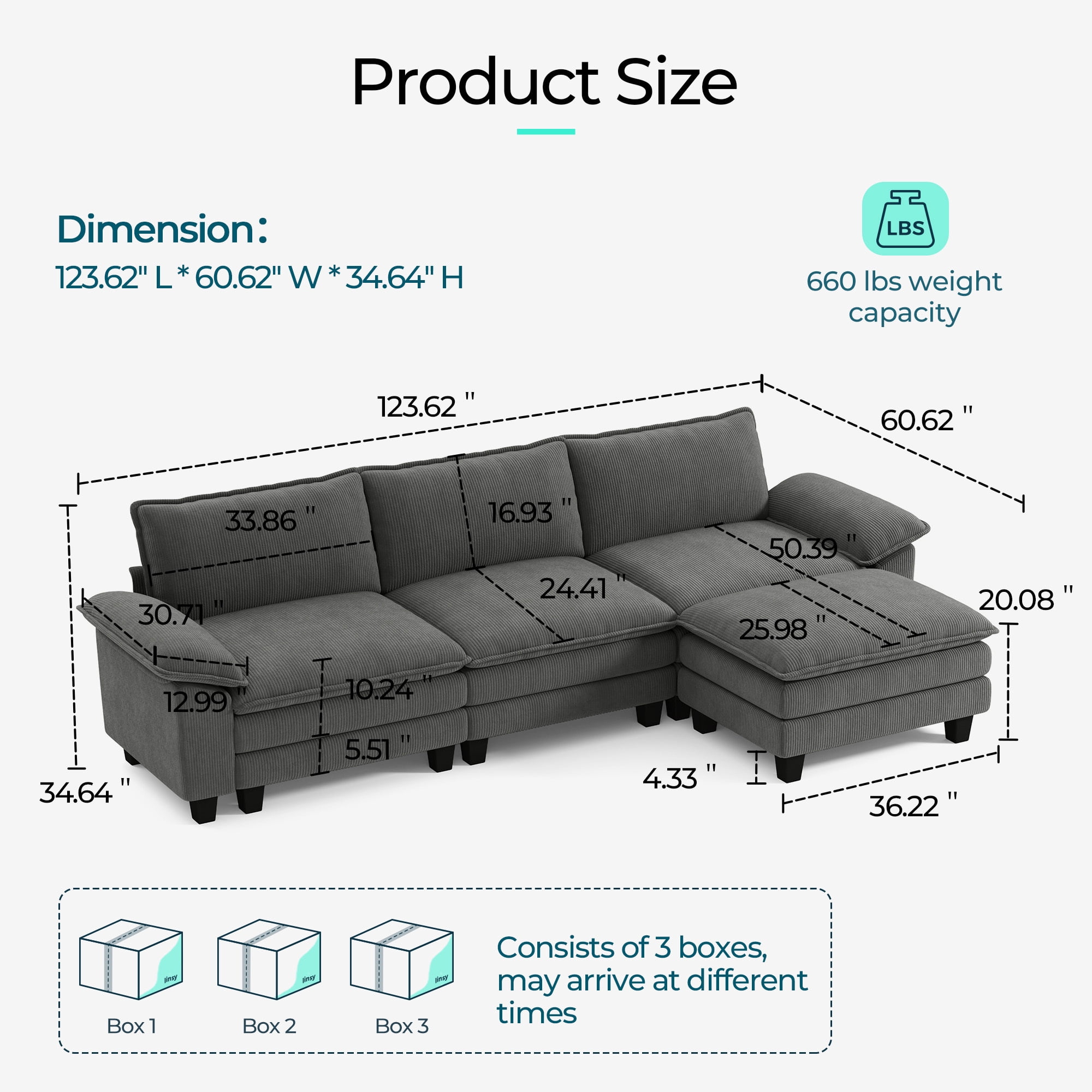 Linsy Home 123" Oversized Modular Sectional Sofa with Movable Ottoman, 3-Seat L Shaped Cloud Couch for Living Room, Grey