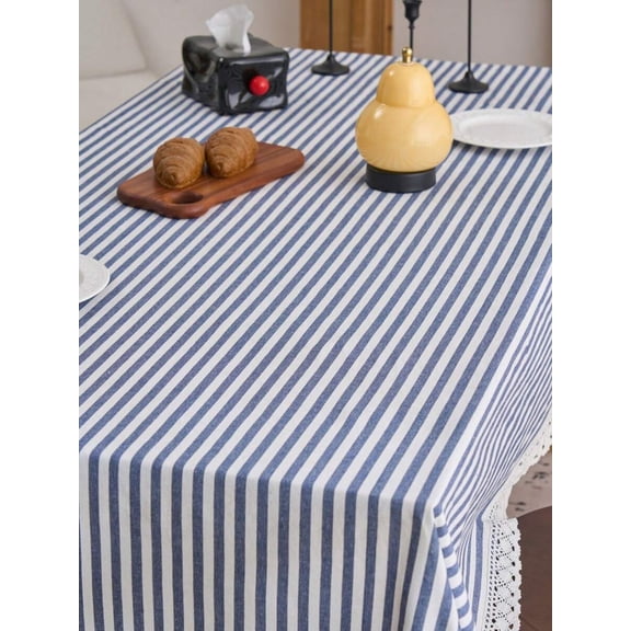 Navy Blue And White Striped Tablecloth, Farmhouse Style, Rectangular, 1 Piece