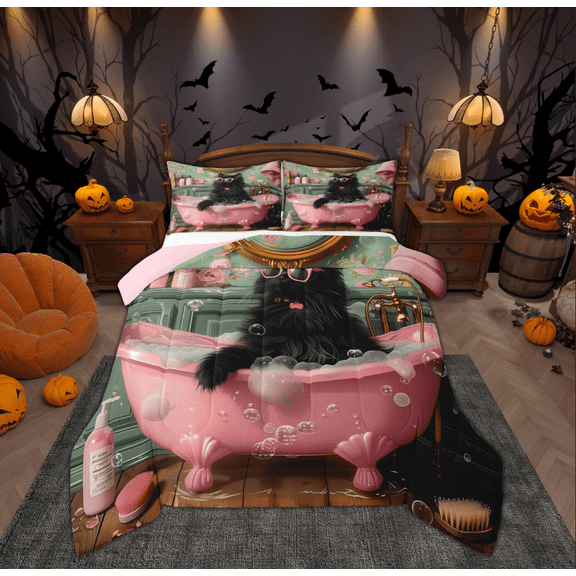 Feelyou Black Cat Kitten Full Size Comforter Sets for Child, Vinatge Western Animal Bedding Comforter Set, Cartoon Theme Reversible Bedding Sets, Lightweight Room Decor, 3 Pieces