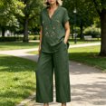 thumbnail image 2 of Botanical Embroidered Linen Set for Women, V-Neck Short Sleeve Tunic Top with Wide Leg Palazzo Pants - Boho Summer Vacation Co-ord Outfit Dark Green L, 2 of 8
