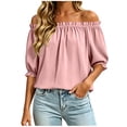 thumbnail image 3 of Tqcoqu Women's Solid Off Shoulder Ruffle Elastic 3/4 Puff Sleeve Blouse,Loose Flowy Summer Casual Pullover Top,Pink Women's S-XXL, 3 of 8
