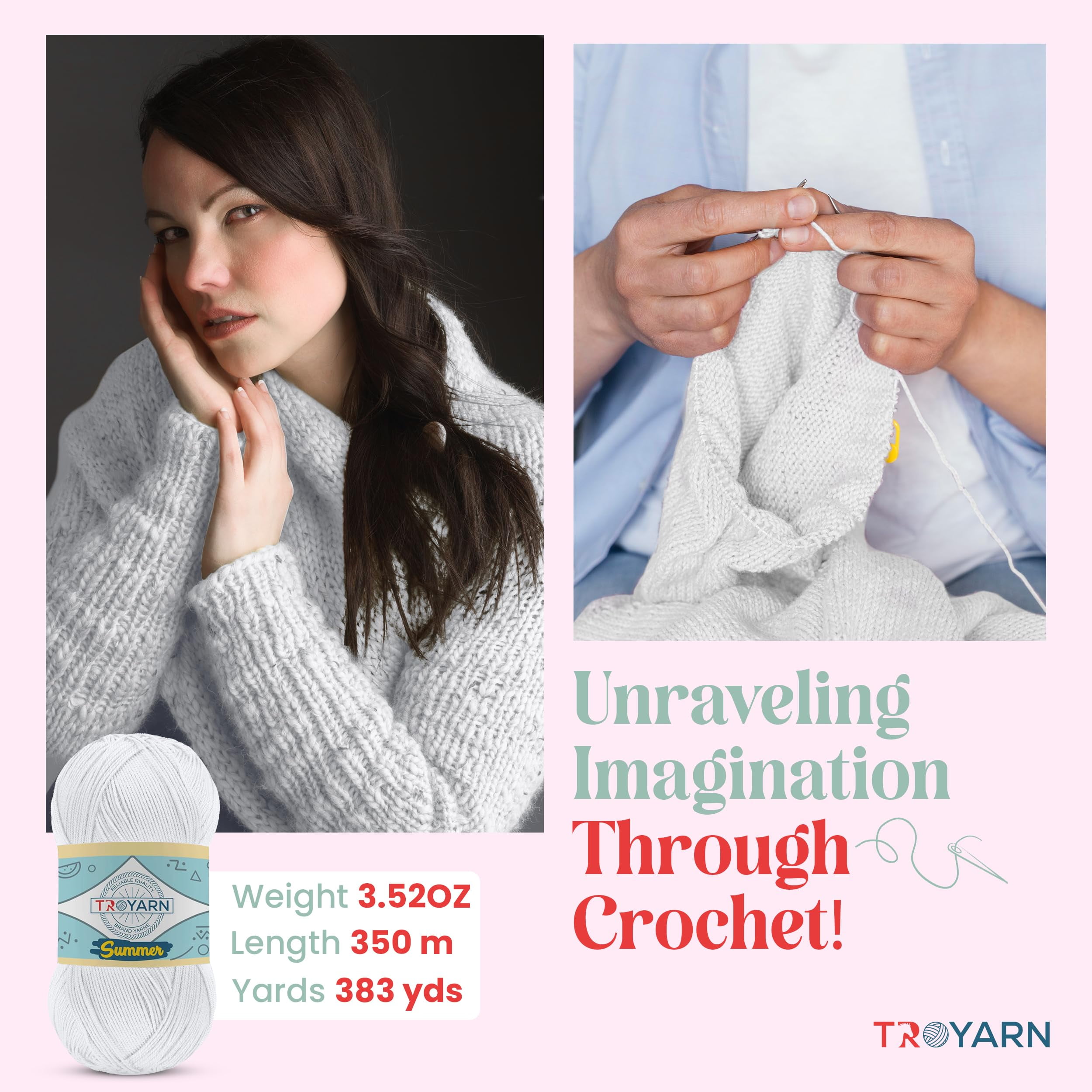 TROYARN Summer (4- Skeins Pack) Silk Effect Hand Knitting Yarn Crochet Art Lace Craft 100% Microfiber Acrylic 4x100 gr (4x383 yds) (105055 - White)