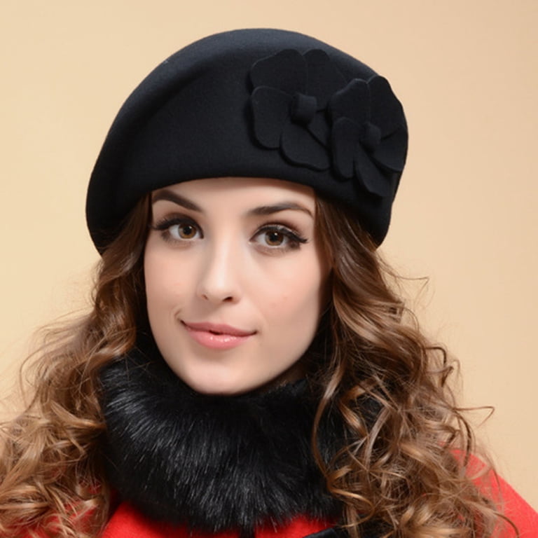 D-GROEE Wool Beret Hat for Women Dual Flowers Decor Solid  display picture 1