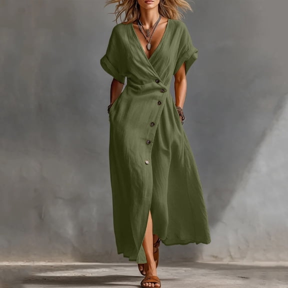 ClodeEU Women's Deep V Neck Short Sleeve Button Midi Dress,Casual Flowy Dress with Pockets Army Green,Women's Plus L