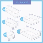 Fifteen Pieces. Plastic Clear Drawer Organizers. Bathroom, Kitchen, Bedroom, Utensils, Office Organizer Bins, Storage Trays. Heavy Duty, Stackable 5 Sizes.