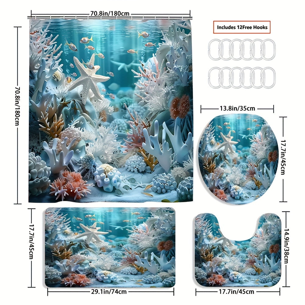 4pcs Ocean Style Shell Starfish Shower Curtain Set Bathroom Set Waterproof Shower Curtains Non-Slip Floor Mat Toilet Seat Cover, Bath Mat and 12 Plastic Hooks Bathroom Accessories Home Decor