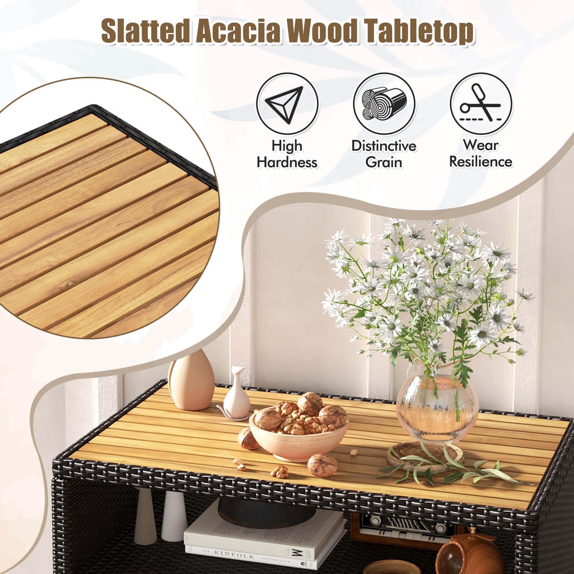 Costway Patio Rattan Storage Cabinet with Acacia Wood Countertop Open Shelf 2 Door Cabinet Mix Brown