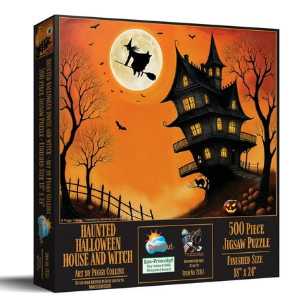 SUNSOUT INC - Haunted Halloween House and Witch 500 piece Jigsaw Puzzle for Adults by Artist: Peggy Collins - Finished Size 18" x 24" - MPN# 71313