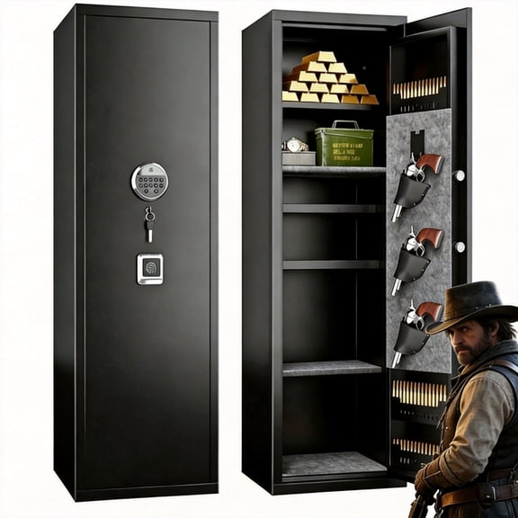 [No Assembly Required] Gun Safe,0.1s Fingerprint Unlock Gun Safe for Rifles & Pistols,Heat-Resistant Heavy Duty Gun Safes,Security Safe for Home with Adjustable Shelves,Black (57.09×13.7×11.81 inch)