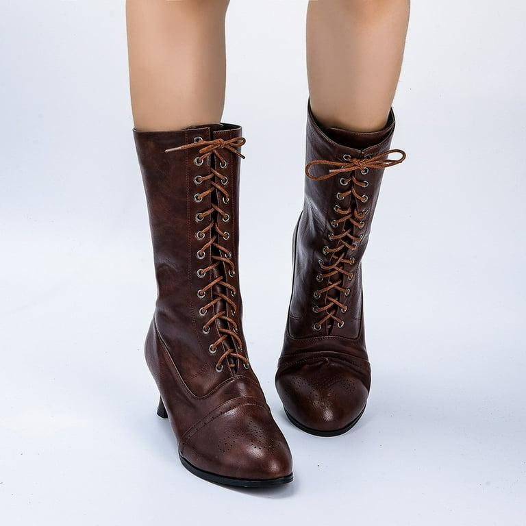 Cuhas Cowboy Boots for Women Pointed Toe Lace Spike heels Punk Med Heels Shoes Cowgirl Boots