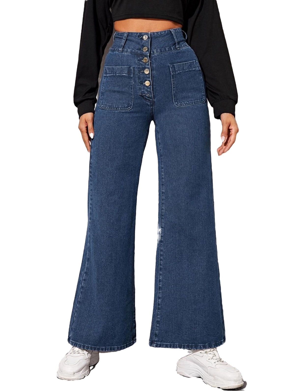 Women's High Rise Baggy Wide Leg Denim Jeans Navy Blue