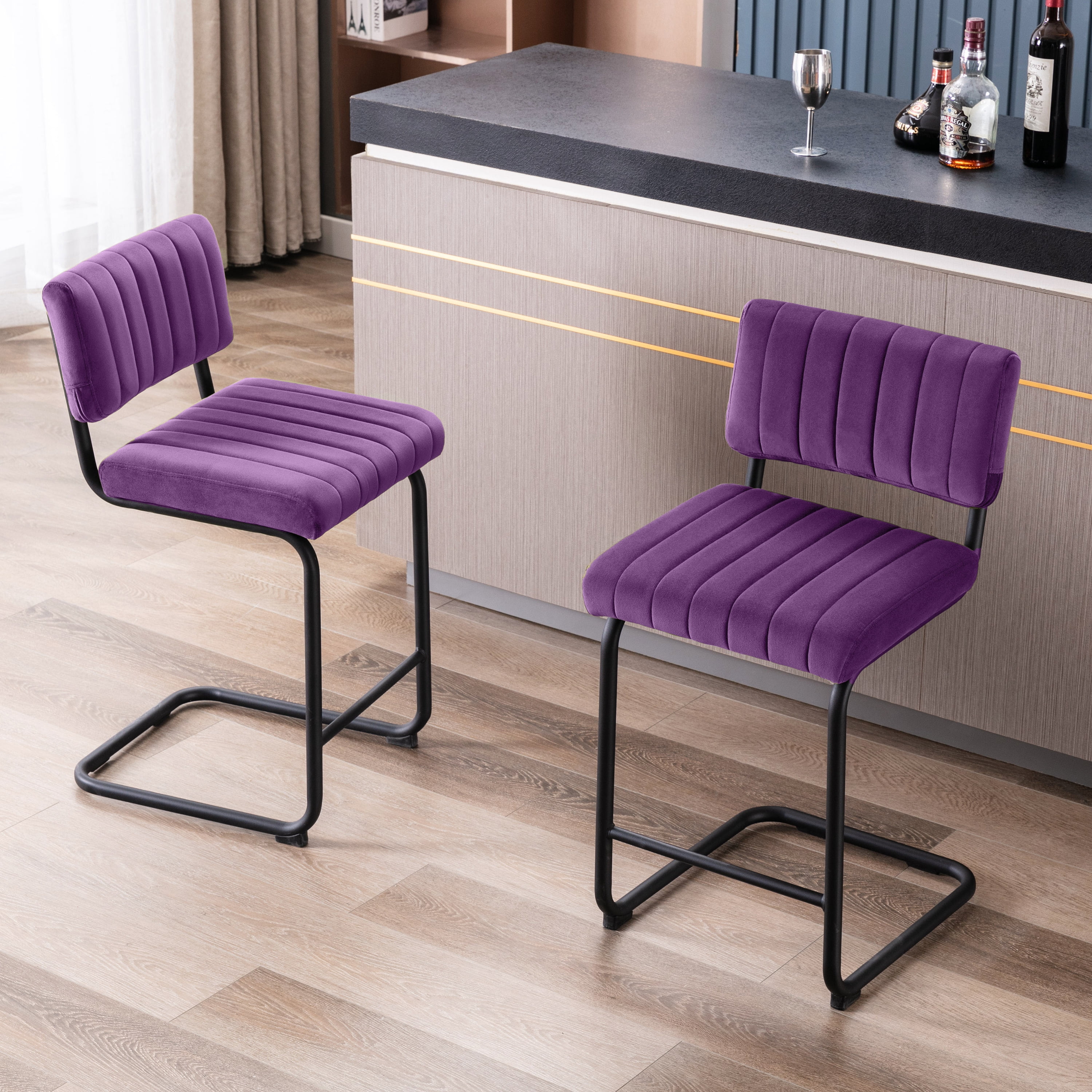 ONEVOG 24''H Counter Height Bar Stools Set of 2, Morden Counter Barstools with Velvet and Black Metal Legs, Upholstered Bar Stool for Kitchen Island, Purple