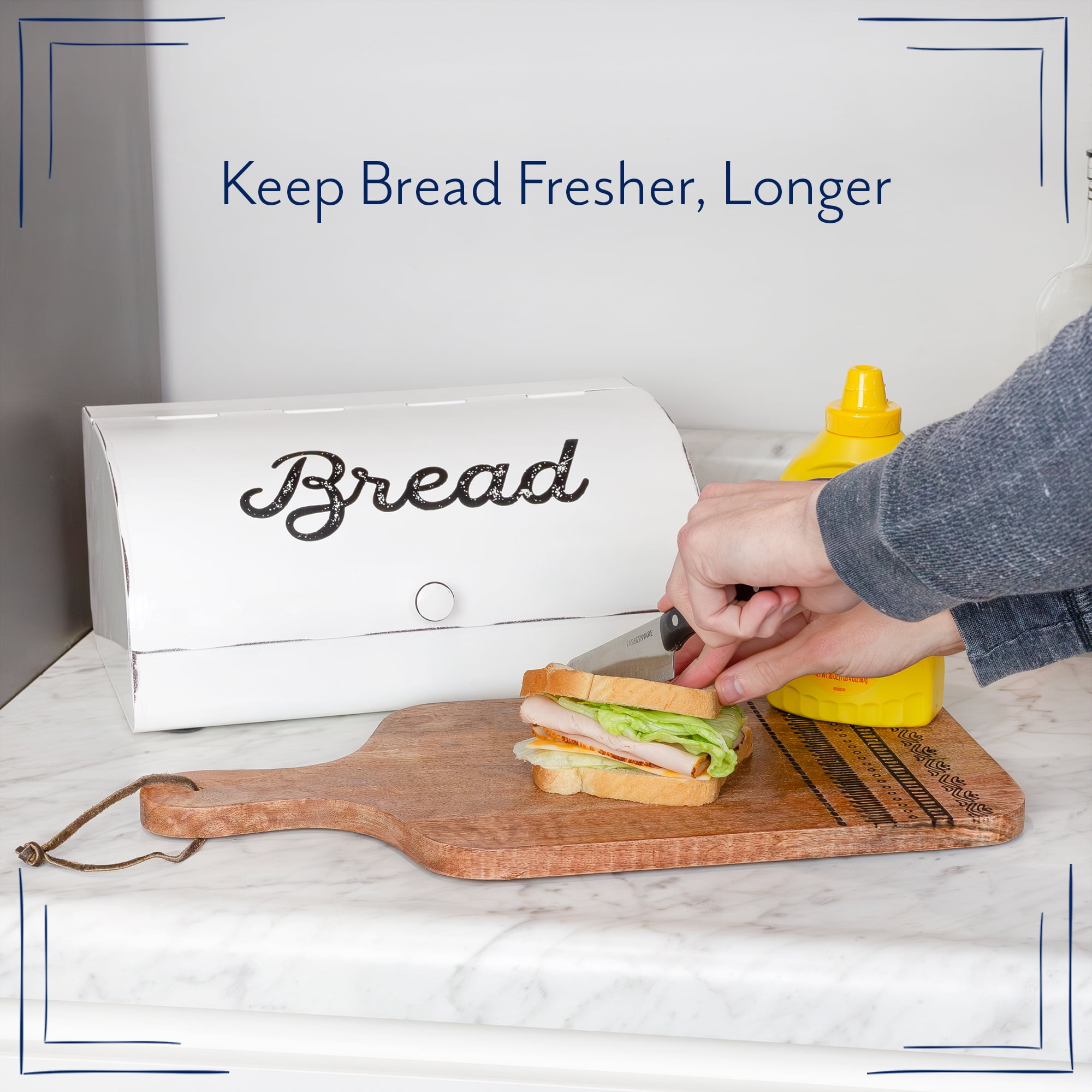 AuldHome Retro Kitchen Countertop Bread Box; White Enamelware