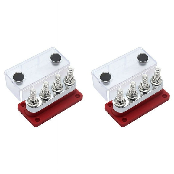 2X 600A Bus Bar 4-Stud (3/8 Inch) M10 High Current Copper Busbar Terminal Block Marine DC 12V 24V 48V with Cover(Red),2 x Busbar Terminal,Red