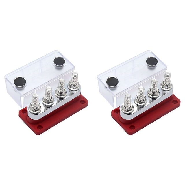 2X 600A Bus Bar 4-Stud (3/8 Inch) M10 High Current Copper Busbar Terminal Block Marine DC 12V 24V 48V with Cover(Red)