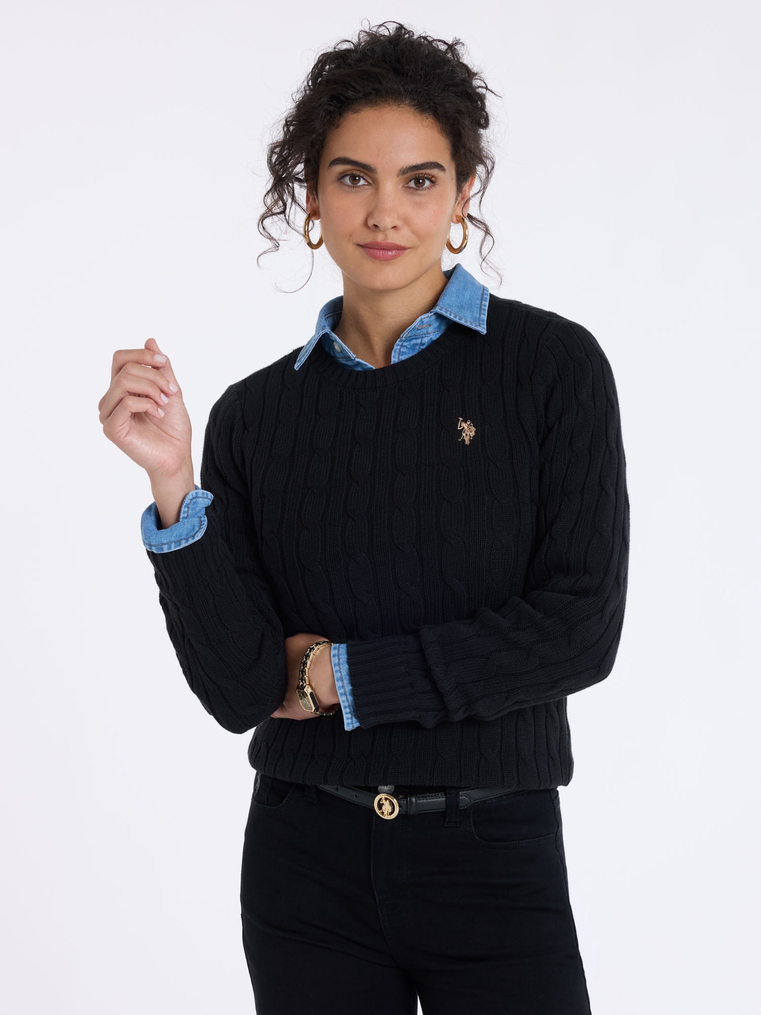 U.S. Polo Assn. Women's Classic Cable Crew Neck Sweater, Sizes XS-XL