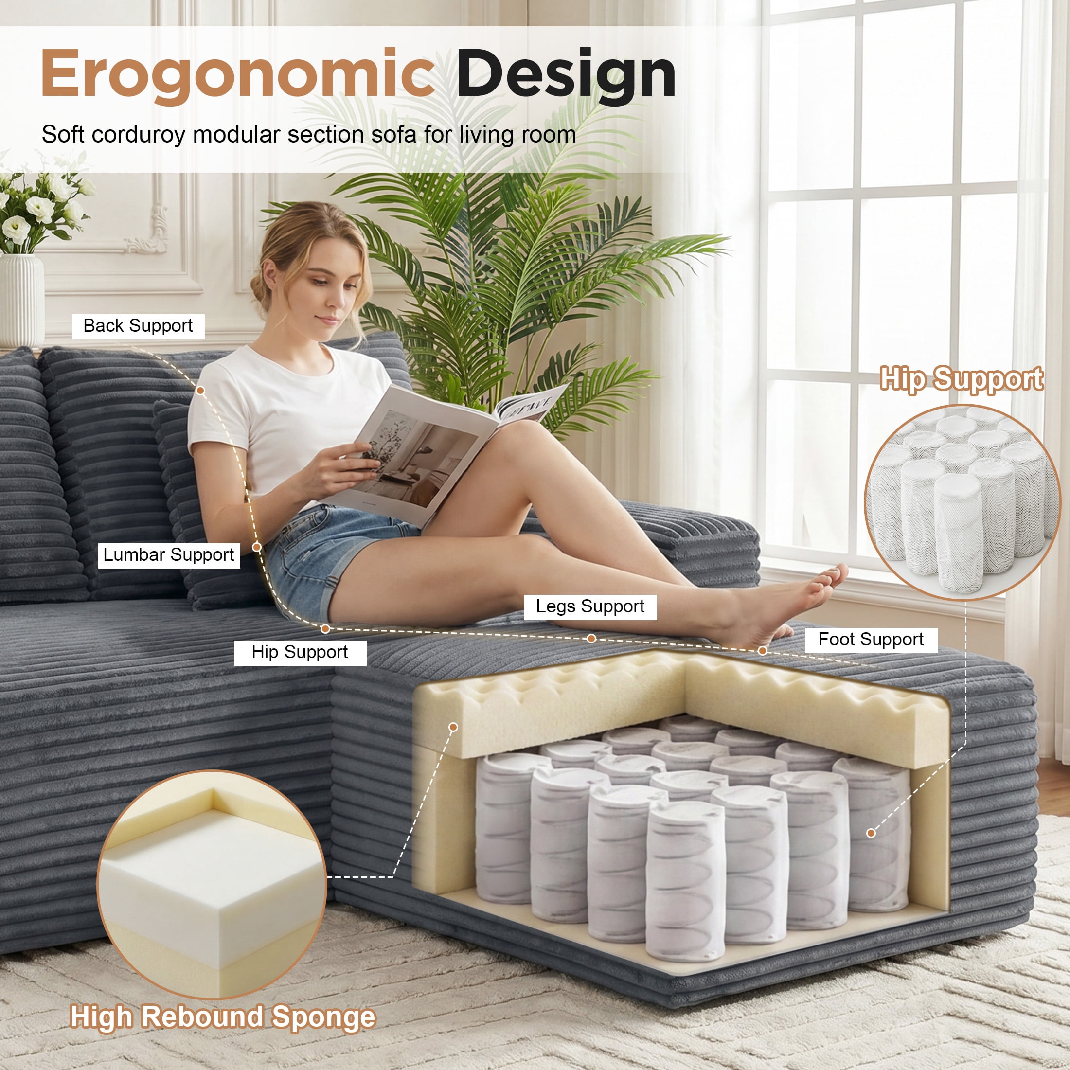 Aenkyo 127" Corduroy U-Shaped Modular Sectional Sofa with Storage Console and Cup Holder, Gray
