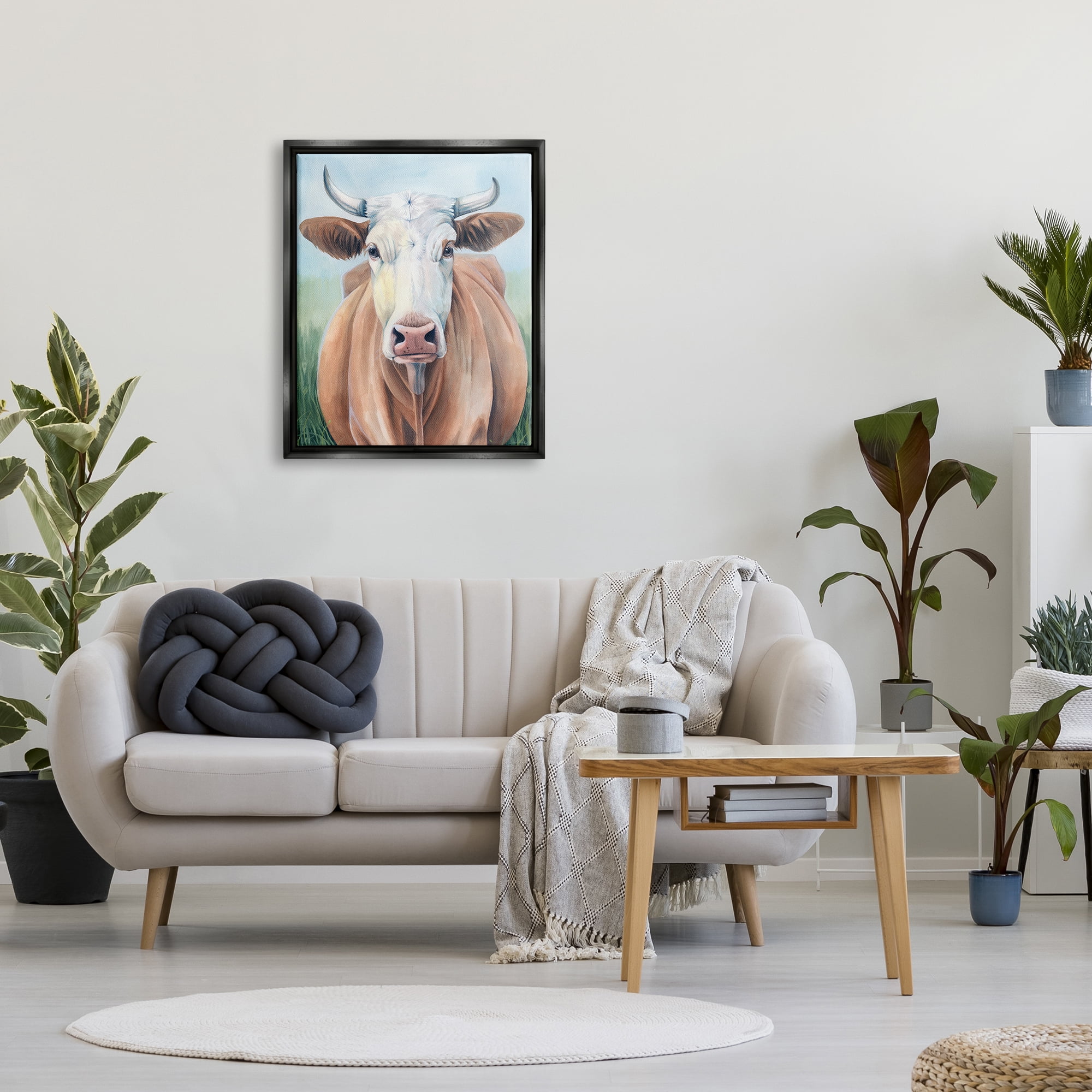Stupell Industries Brown Cow Gazing Portrait Animals & Insects Painting Black Floater Framed Canvas Art Print Wall Art, 25 x 31