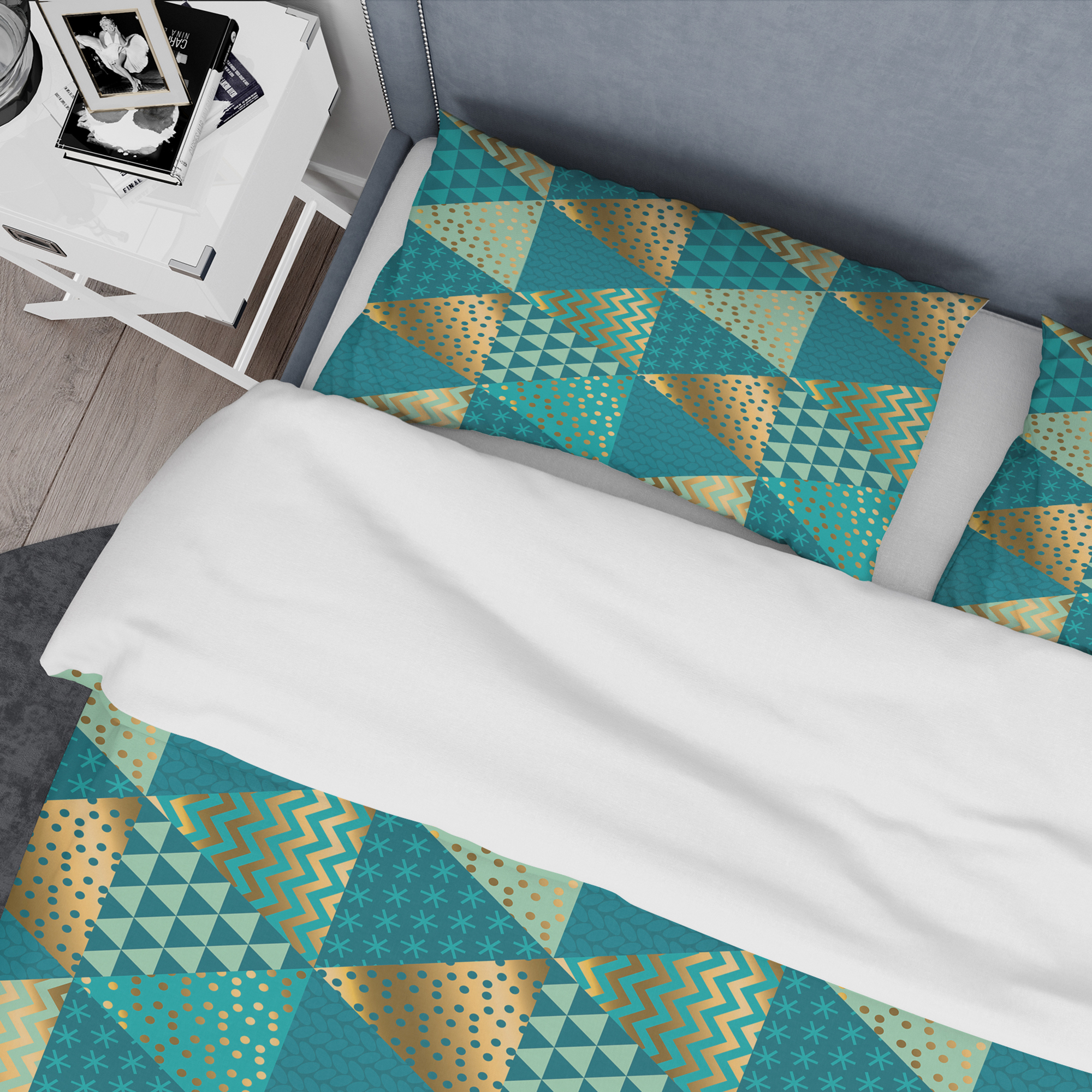 Designart 'Gold and Blue Dynamics I' Mid-Century Modern Duvet Cover Set