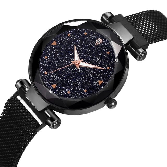 Reloj de pulsera magnético de aleación de cuarzo de moda para niños y niñas casuales - Reloj de cielo nocturno estrellado de edición negra