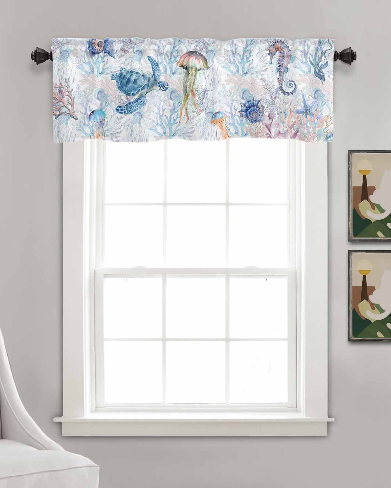 Blue Coastal Turtle Linen Curtain Valance for Bedroom/Bathroom/Kitchen/Office/Living/Dining Room Window,Coral Jellyfish Sea Horse Conch Pocket Topper Drapes Decorative Cafe Drapery Panel 54"x18"