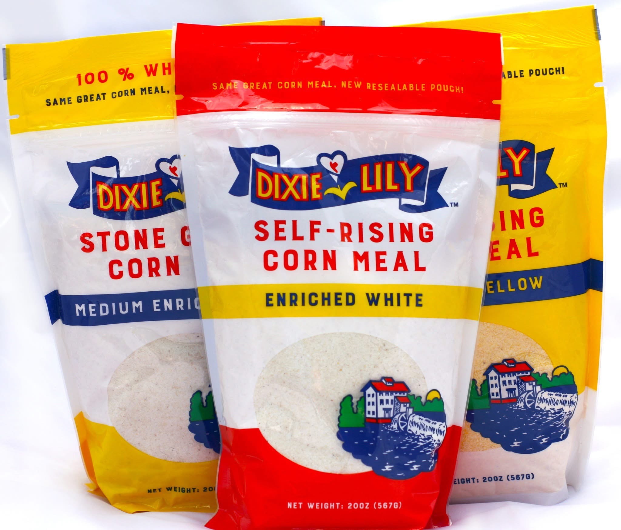 (3 pack) Dixie Lily Self-Rising Corn Meal, Enriched White, 20 oz Resealable Pouch