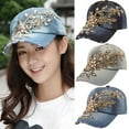 thumbnail image 2 of Opolski Women's Embossing Flower Denim Baseball Cap Summer Rhinestone Inlaid Jeans Hat, 2 of 8