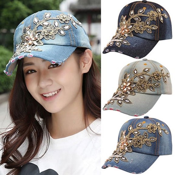 SmartBy Women's Embossing Flower Denim Baseball Cap Summer Rhinestone Inlaid Jeans Hat