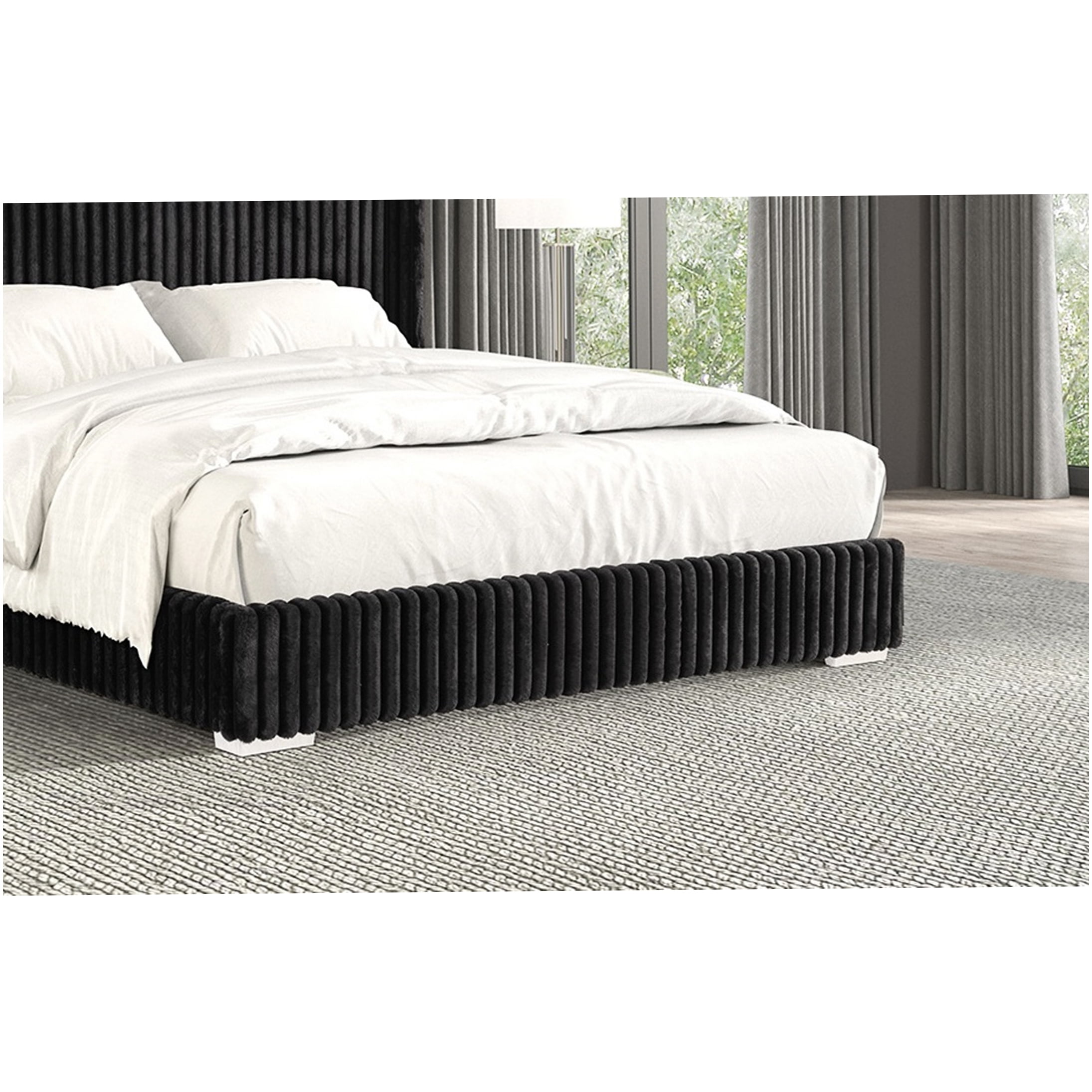 Queen Upholstered Platform Bed Frame with Storage Base, Black Chenille Fabric, Modern Style Mattress Foundation, No Box Spring Required