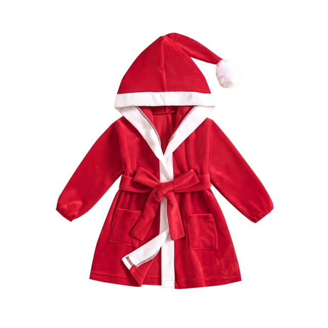 Faithtur Baby Girls Robe Toddler Christmas Long Sleeve Furry Contrast Color Hooded Velvet Bathrobe
