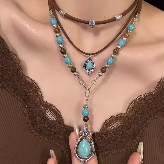 3 Layer Western Teardrop Pendant Necklace Cool Tone Bead & Cord Stackable Boho Neck Jewelry for Women