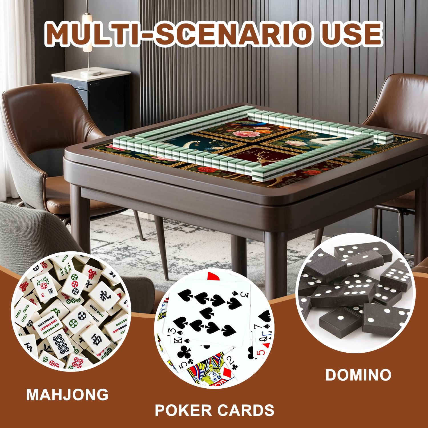 Mahjong Mat 31.5" x 31.5" Peacock Swan Deer Lotus Flowers Roses Classic Botanical Art Style Non-Slip Noise Reduction American Mahjong Tiles Table Cover for Dominoes Poker Card Board Games Gift