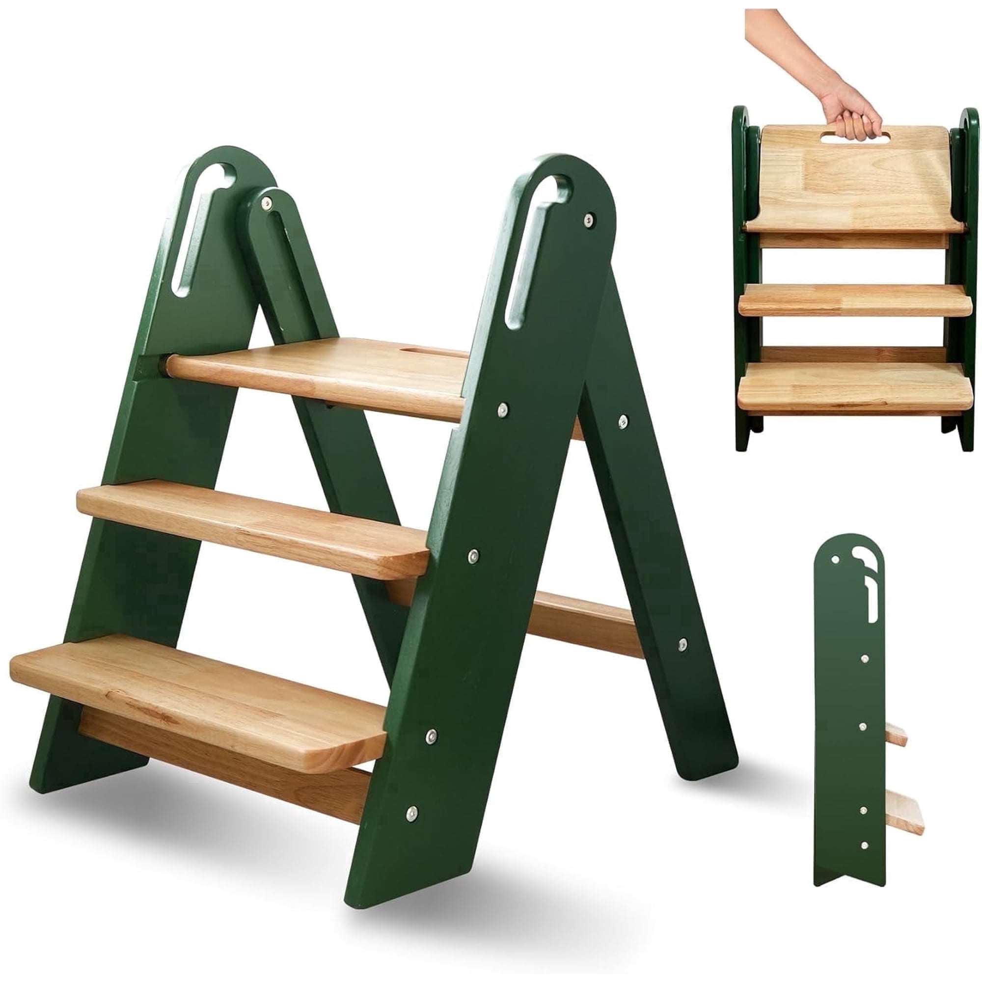 3 layer Wooden Toddler Step Stool for Bathroom Sink, Foldable Kids Toilet Potty Training Stool with Handles, Child Kitchen Counter Tower Helper,Green